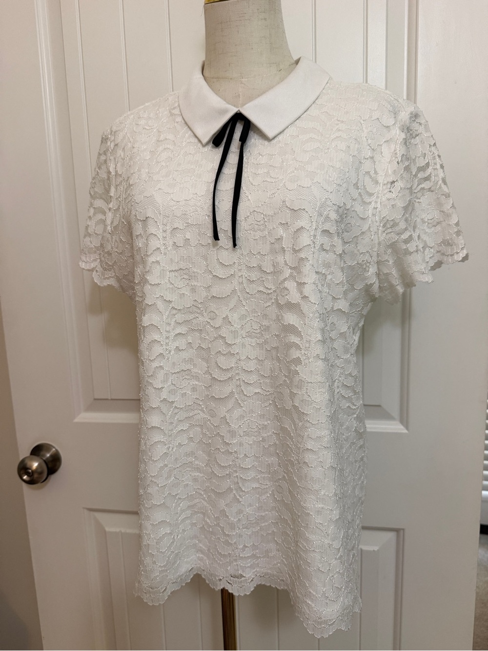 Karl Lagerfeld White Lace Top with Peter Pan Collar and Black Ribbon Tie Lg